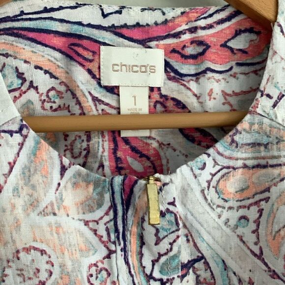 Chicos 100% linen paisley printed zip up shacket blouse in vanity size 1 - Picture 4 of 10